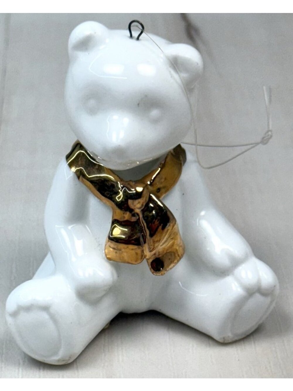 VTG DEPT 56 Teddy Bear Christmas ORNAMENT 3" White Ceramic w/ Gold Scarf EUC